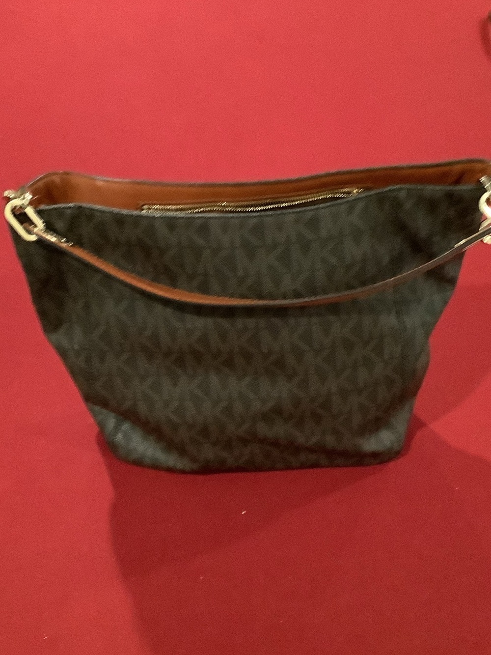 Michael Kors Brown MK Monogram Shoulder Bag with Gold Hardware
